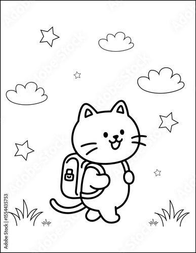 Cute cat going with school bag coloring page, Black and white outline coloring book or page for children, ready to print