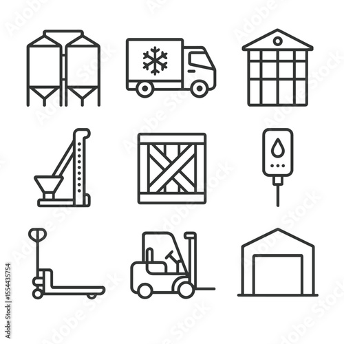 Post-Harvest Storage Icons. Outline icon set of Post-Harvest Storage and Logistics: grain silo, refrigerated truck, storage bin,