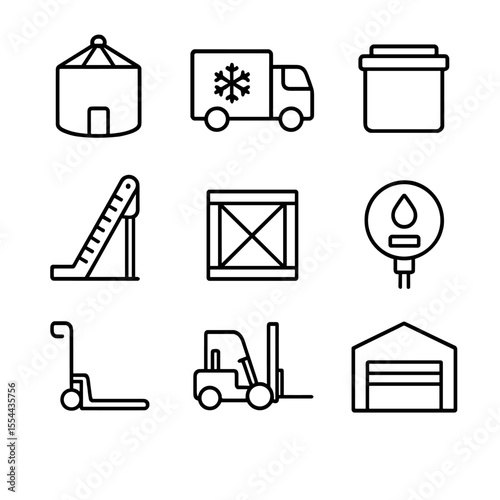 Post-Harvest Storage Icons. Outline icon set of Post-Harvest Storage and Logistics: grain silo, refrigerated truck, storage bin,