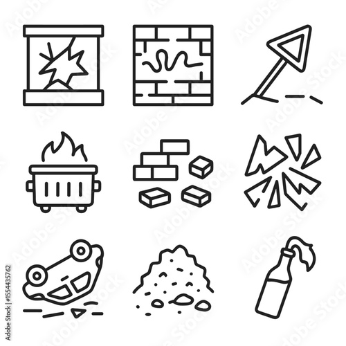 Post-Riot Destruction Icons. Outline icon set of Post-Riot Destruction: smashed storefront window, graffiti-scarred wall, toppled