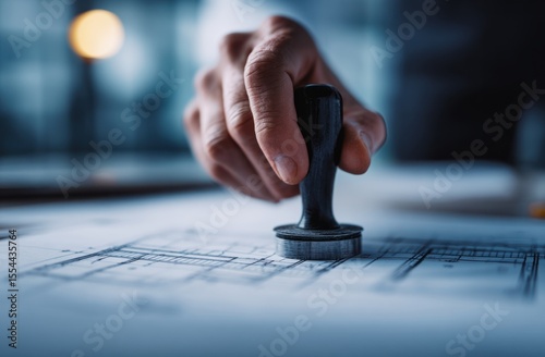 A professional hand meticulously presses a rubber stamp onto a detailed blueprint, symbolizing official approval and diligent work.