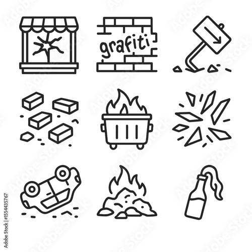 Post-Riot Destruction Icons. Outline icon set of Post-Riot Destruction: smashed storefront window, graffiti-scarred wall, toppled