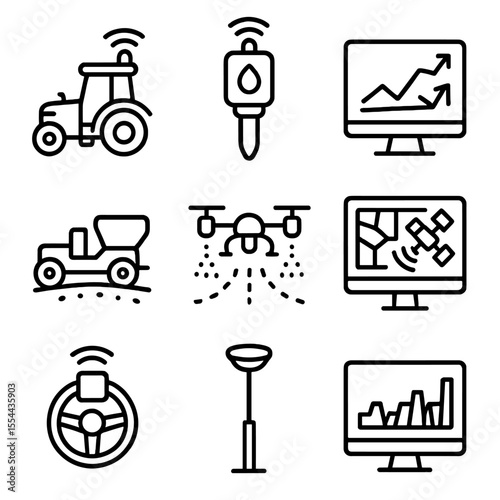 Precision Farming Icons. Outline icon set of Precision Agriculture Technology: GPS tractor, soil moisture sensor, yield monitor,