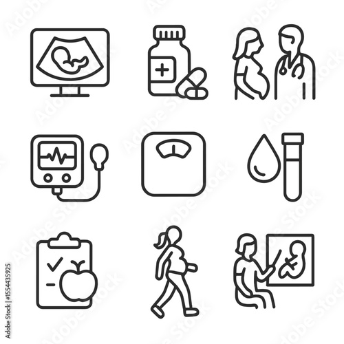 Prenatal Care Icons. Outline icon set of prenatal care: ultrasound, prenatal vitamins, doctor visit, fetal heartbeat monitor,