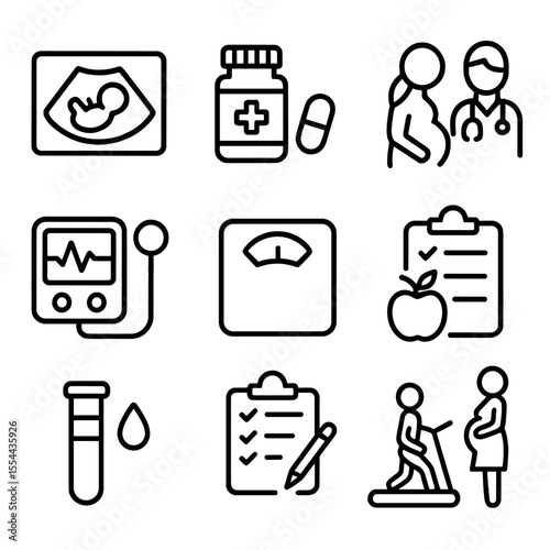 Prenatal Care Icons. Outline icon set of prenatal care: ultrasound, prenatal vitamins, doctor visit, fetal heartbeat monitor,