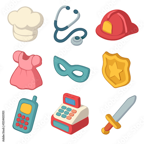 Pretend Play Icon Set. Isometric Flat icon set of pretend play costumes and props: chef hat, doctor stethoscope, firefighter