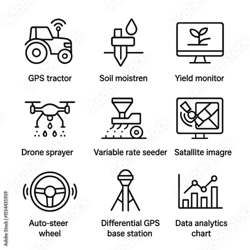 Precision Farming Icons. Outline icon set of Precision Agriculture Technology: GPS tractor, soil moisture sensor, yield monitor,