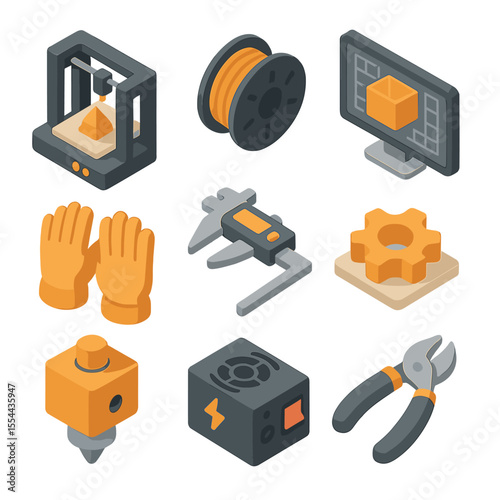 3D Printing Icons. Isometric Flat icon set of 3D Printing and Maker Space Activities: 3D printer, filament spool, CAD model on
