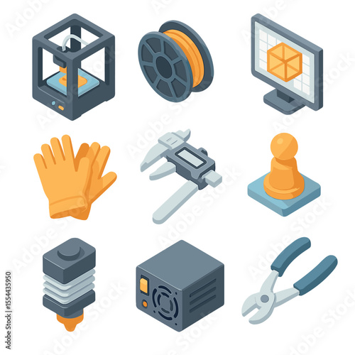 3D Printing Icons. Isometric Flat icon set of 3D Printing and Maker Space Activities: 3D printer, filament spool, CAD model on
