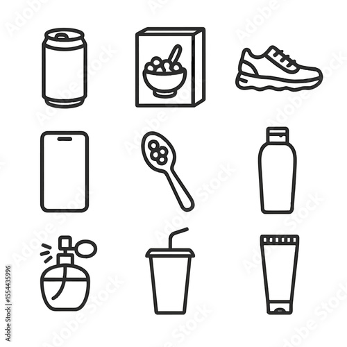 Product Parody Icons. Outline icon set of product parody designs: fake soda can, spoof cereal box, knockoff sneaker, joke