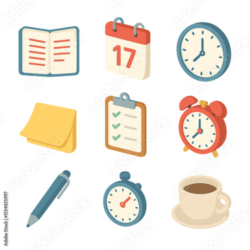 Productivity Icons Grid. Isometric Flat icon set of productivity and time management books: open planner, calendar with date,