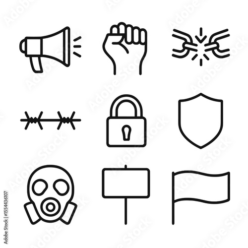 Protest Icon Set. Outline icon set of protest and resistance imagery: megaphone, clenched fist, broken chain, barbed wire, padlock