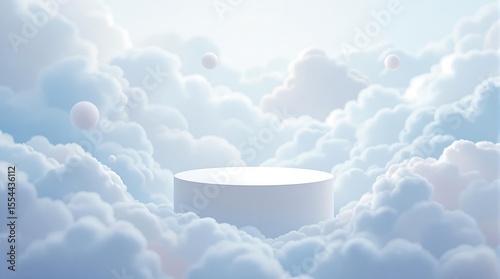 Product showcase podium in clouds dreamy sky background for cosmetic display and presentation mockup scene