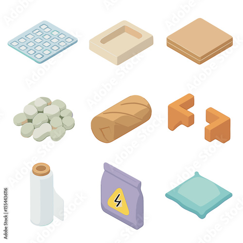 Protective Packaging Icons. Isometric Flat icon set of protective packaging materials: bubble wrap sheet, foam insert, corrugated