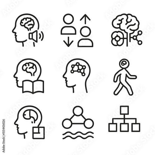 Psycholinguistic Models Icons. Outline icon set of psycholinguistic and neuropsychological models: motor theory, dual stream model