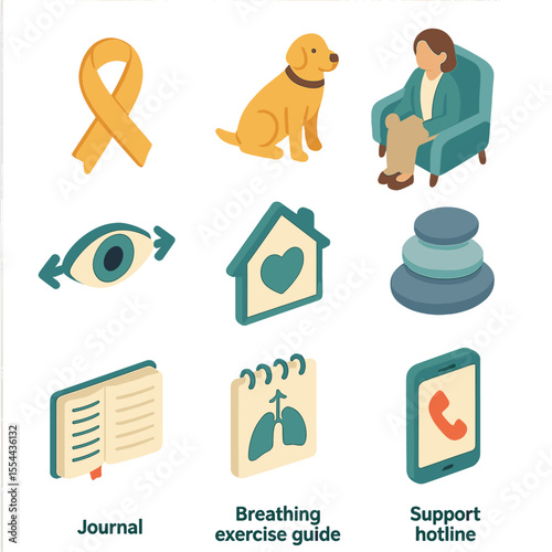 PTSD Recovery Icon Set. Isometric Flat icon set of PTSD and Trauma Recovery: PTSD ribbon, therapy dog, trauma-informed therapist,