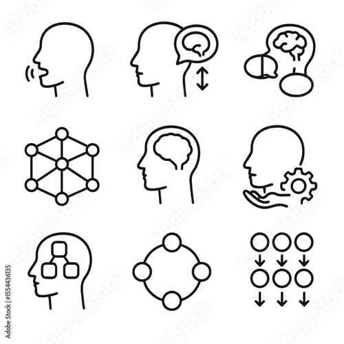 Psycholinguistic Models Icons. Outline icon set of psycholinguistic and neuropsychological models: motor theory, dual stream model