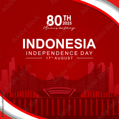 Banner or poster design for the 80th Indonesian Independence Day in 2025 with the silhouette element of the Nusantara Building at the IKN. Not AI Generated.