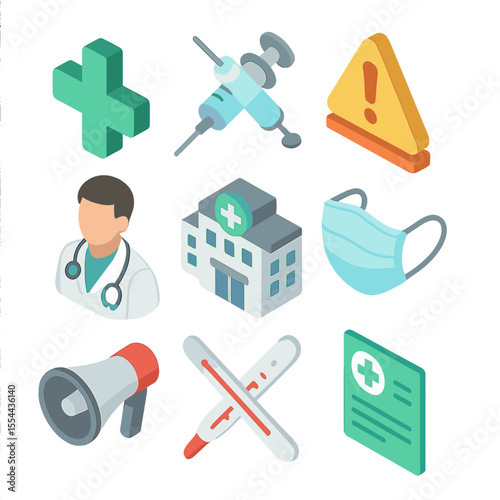 Public Health Icons. Isometric Flat icon set of public health announcement reaction: medical cross symbol, syringe icon, alert