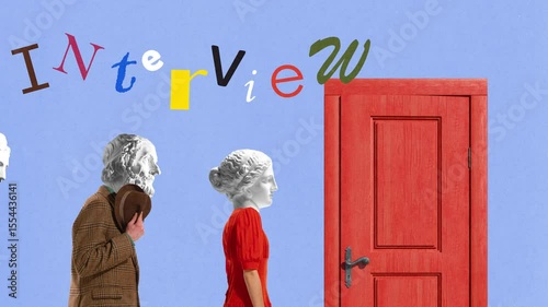 Interview tension. Four people with antique busts instead of heads walk in line into door under playful interview title cut from colored letters. Concept of ambition, job market, surreal. Animated ad