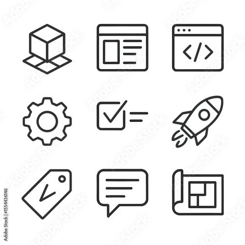 Prototype Development Icons. Outline icon set of prototype and MVP development: 3D model, wireframe, coding window, gear icon,