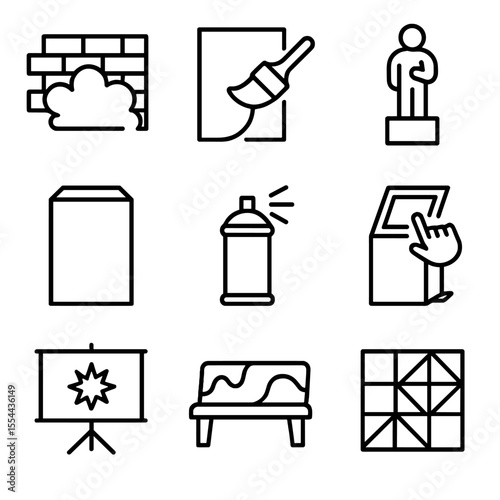 Public Art Icons. Outline icon set of public art installations: graffiti wall, mural brush, sculpture, art pedestal, spray can,