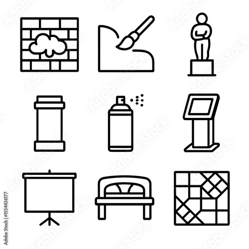 Public Art Icons. Outline icon set of public art installations: graffiti wall, mural brush, sculpture, art pedestal, spray can,