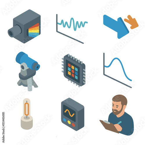 Radial Velocity Icon Set. Isometric Flat icon set of radial velocity measurements: spectrograph, star spectrum line, Doppler shift