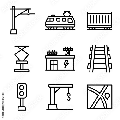 Rail Freight Icon Set. Outline icon set of rail freight electrification nodes: overhead catenary line, electric locomotive, cargo