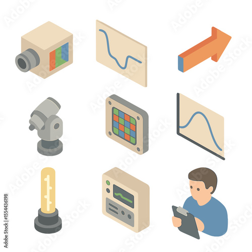 Radial Velocity Icon Set. Isometric Flat icon set of radial velocity measurements: spectrograph, star spectrum line, Doppler shift