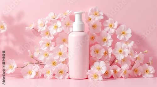 Pink aesthetic skincare product photography for beauty and wellness with floral background and soft light