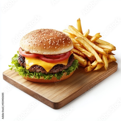 Juicy cheeseburger with crispy fries served on a wooden tray, isolated on white background.