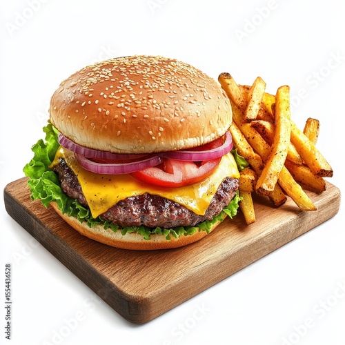 Juicy cheeseburger with crispy fries served on a wooden tray, isolated on white background.
