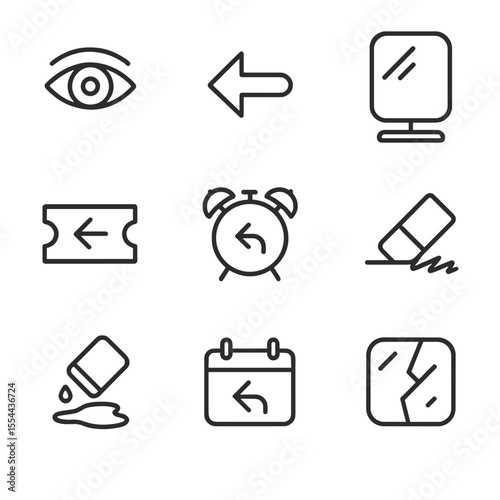Regret Icon Set. Outline icon set of Hindsight and Regret: hindsight eye, backward arrow, reflective mirror, second-chance ticket,