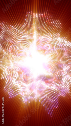 Abstract explosion of glowing light particles radiating from the center with vibrant orange and purple hues