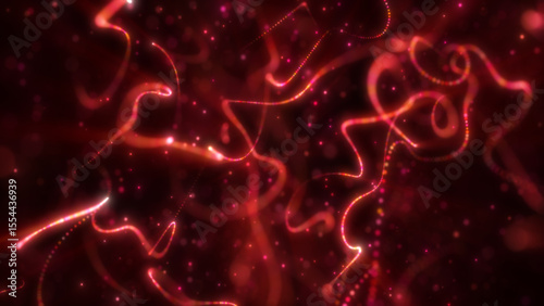 Vivid red glowing lines and particles swirling dynamically through a deep, dark backdrop