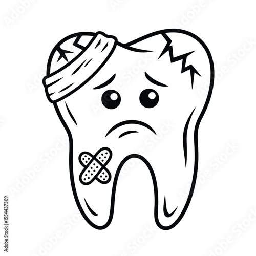 Sad Tooth with Bandage and Cracks Dental Health Illustration