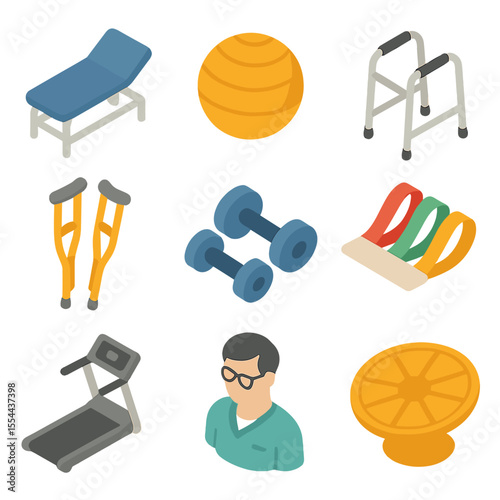 Rehabilitation Service Icons. Isometric Flat icon set of rehabilitation and physiotherapy services: physiotherapy table, exercise