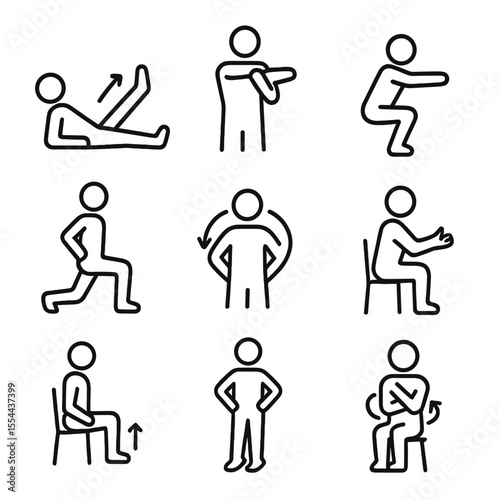 Rehab Exercise Icons. Outline icon set of rehabilitation exercises: leg lift, arm stretch, squat, lunge, shoulder rotation, wrist