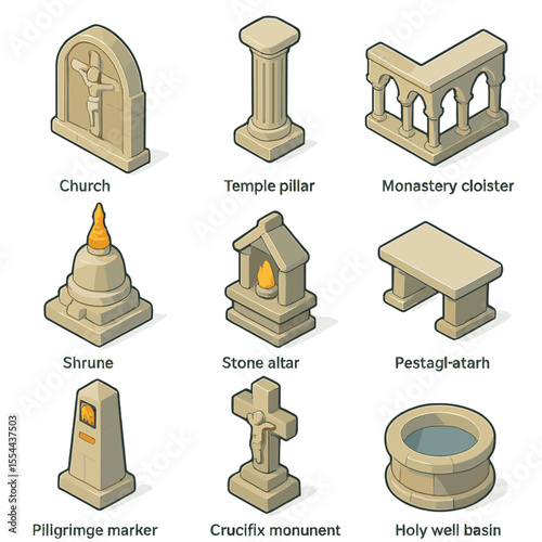 Religious Icon Set. Isometric Flat icon set of Religious Stone Monuments: church façade carving, temple pillar, monastery cloister