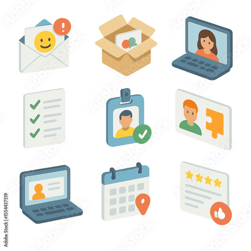 Remote Onboarding Icons. Isometric Flat icon set of remote onboarding trust: welcome email notification, digital welcome kit box,