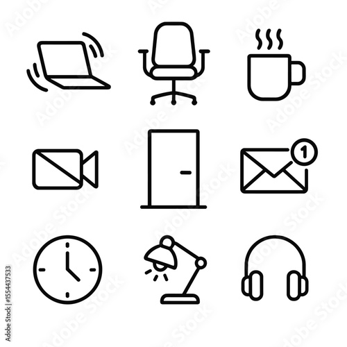 Remote Work Icons. Outline icon set of remote work isolation: spinning laptop, empty desk chair, coffee mug cold, muted video call