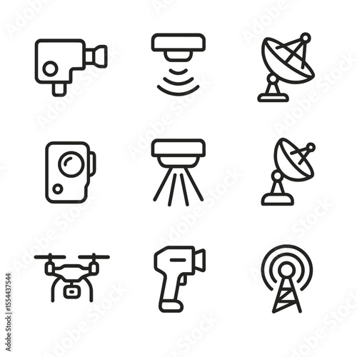Remote Sensing Icons. Outline icon set of remote sensing instruments and tools: spectrometer sensor, LiDAR pulse, synthetic
