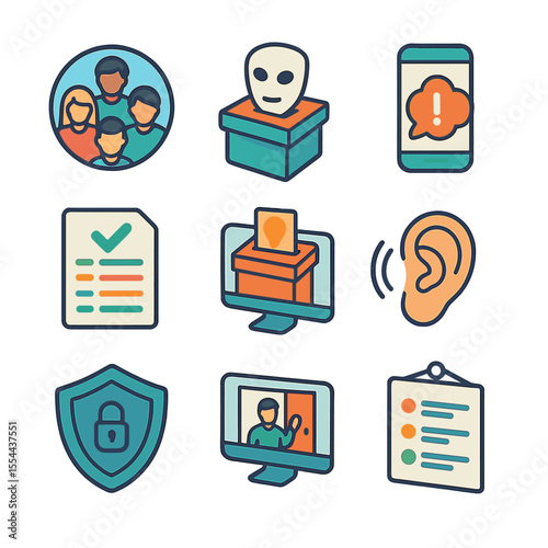 Remote Safety Icons. Isometric Flat icon set of building psychological safety remotely: trust circle avatars, anonymous feedback