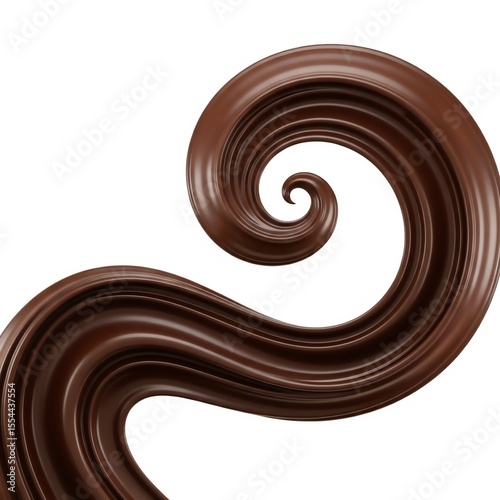 A close-up of thick chocolate in high resolution, flowing smoothly in a spiral on a white background, with space for text. Ideal for advertising, web design, banners and packaging.
