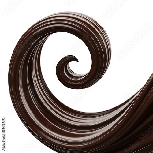 A close-up of thick chocolate in high resolution, flowing smoothly in a spiral on a white background, with space for text. Ideal for advertising, web design, banners and packaging.