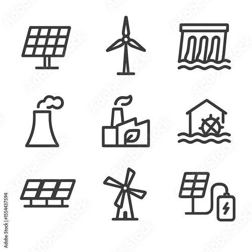 Renewable Energy Icons. Outline icon set of renewable energy sources: solar panel, wind turbine, hydro dam, geothermal plant,