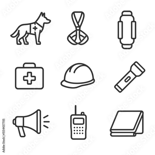 Rescue Icons Grid. Outline icon set of Rescue and Relief Operations: search dog, rescue harness, stretcher, medical kit, hard hat,