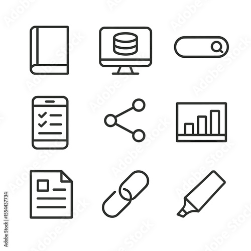 Research Icon Set. Outline icon set of research and content development: library book, online database, search bar, note-taking