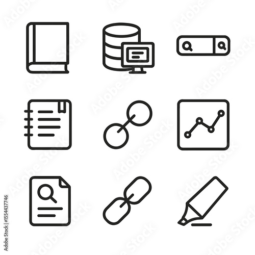Research Icon Set. Outline icon set of research and content development: library book, online database, search bar, note-taking